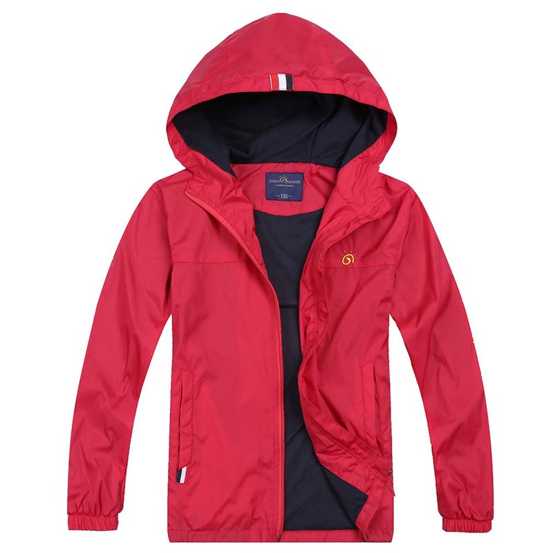 Jingle Bongala Boys Girls Lightweight Breathable Raincoat Waterproof Hooded Rain Jacket Windbreaker Easy to Fold-Red-160 - Image 1